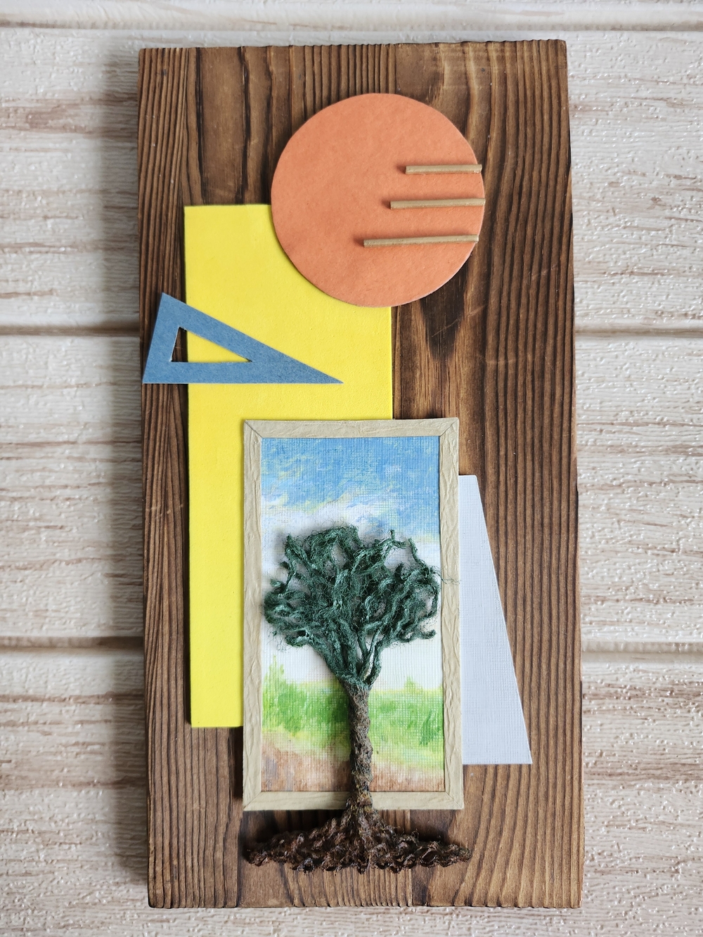 3D Mixed Media Tree Panel Art Wood Board Green, Yellow, Orange & Blue - Handmade